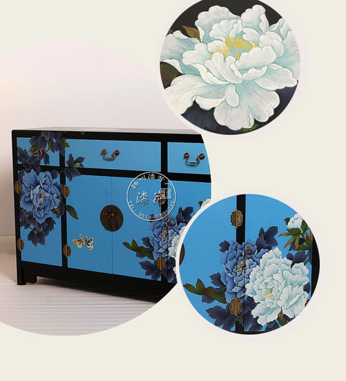 揚州漆器廠漆花牌彩繪牡丹三抽四門玄關柜 傳統工藝與現代家居的完美融合